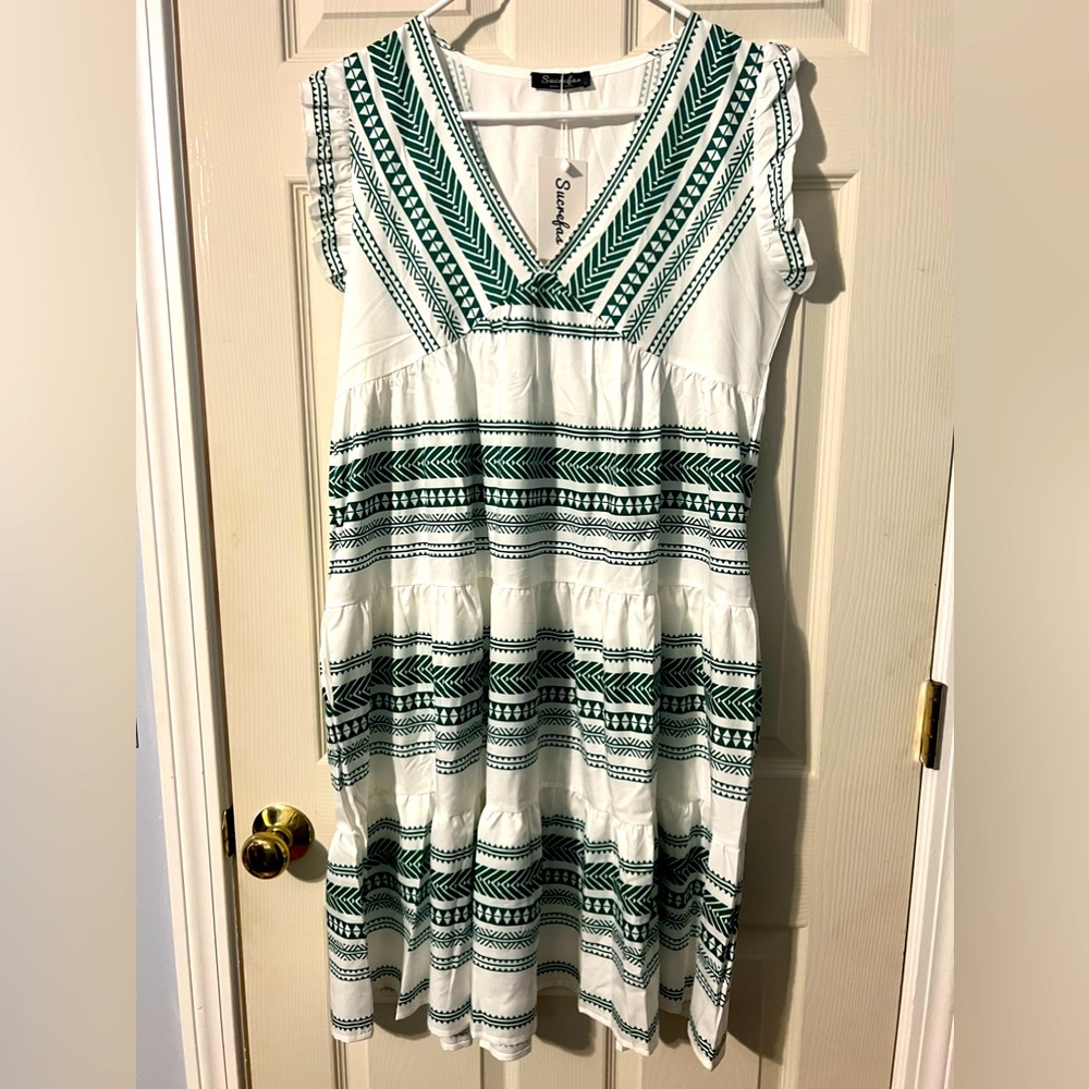 Sucrefas Midi Dress Tiered Geo Print Ruffle Sleeves V Neck Large NWT